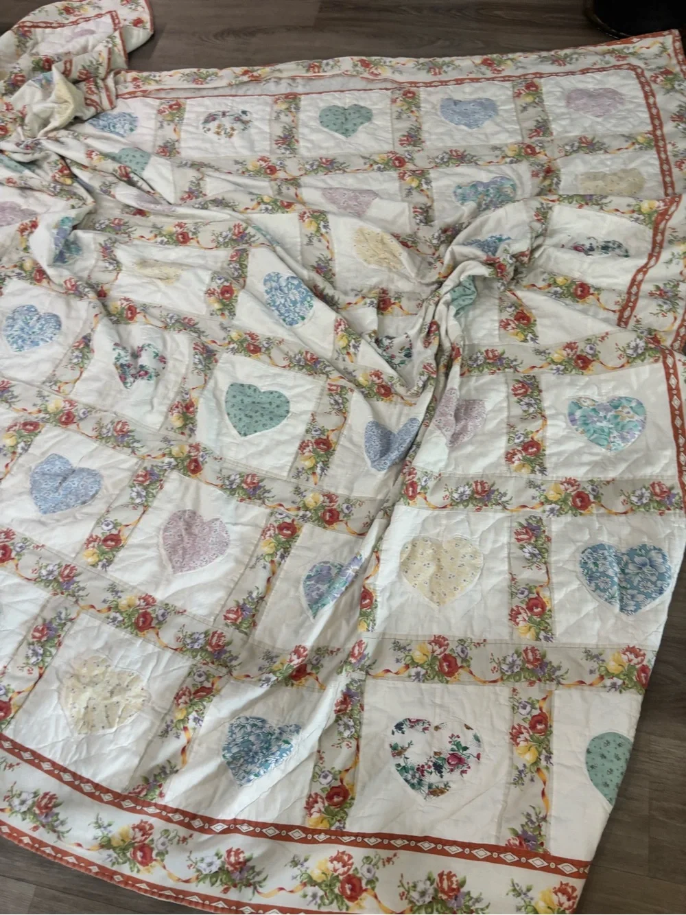 Vintage ALL HAND SEWN Multicolor Heart & Nine Patchwork Quilt Shabby 80” X 80”.